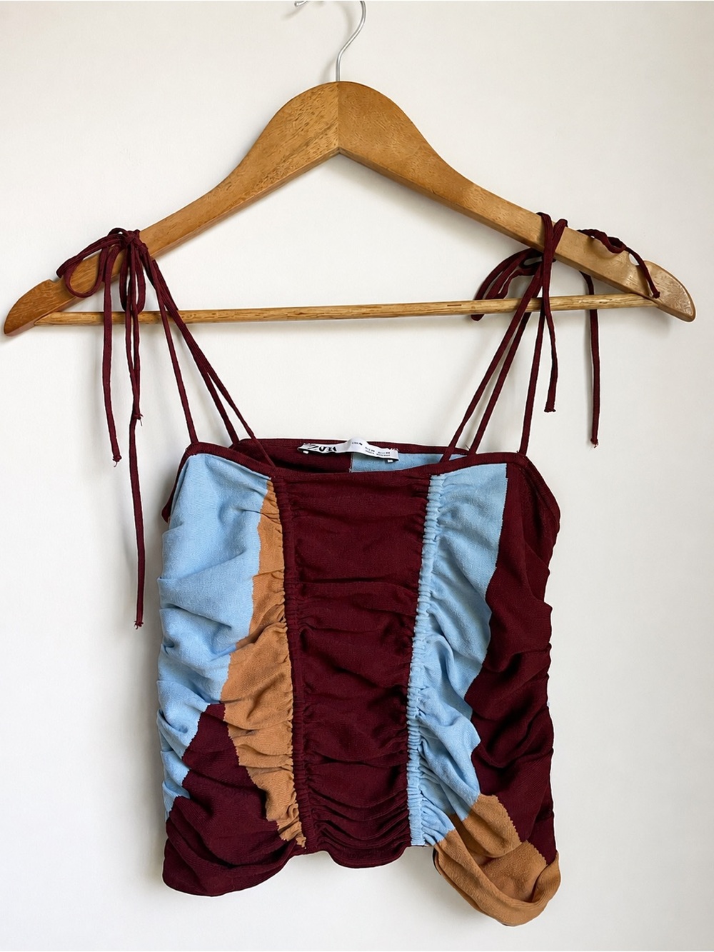 Zara Scrunchy Tank Top Tie Straps Burgundy Blue Tan